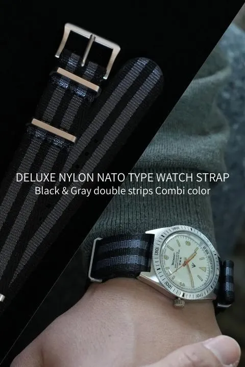 DELUXE NYLON NATO TYPE WATCH STRAP / Black & Gray double strips Combi