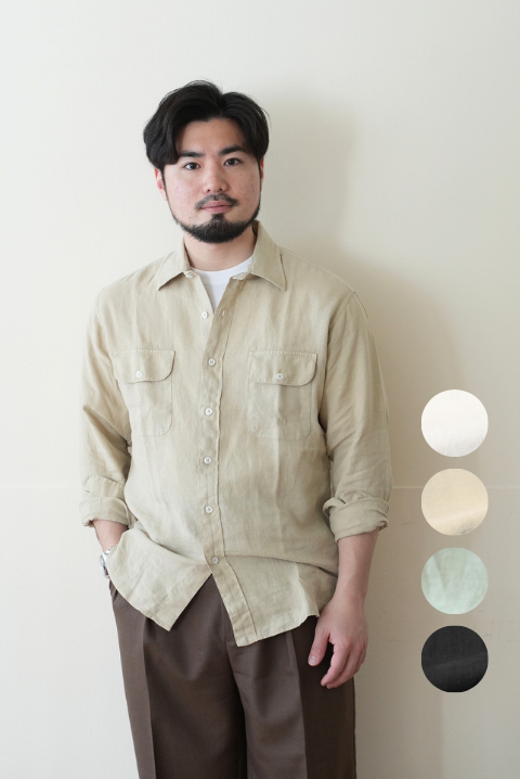 LINEN GARMENT DYED REG COLLER SHIRTS with 2 POCKETS